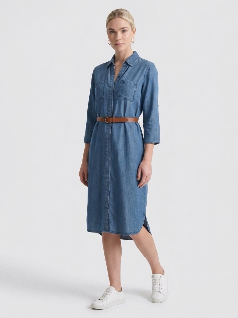 Spense Chambray Midi Shirt Dress with Tan Belt - Blue Size M